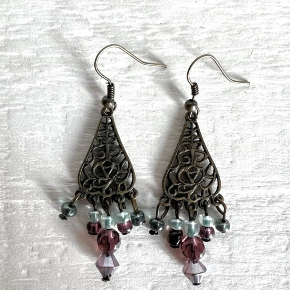Bronze Tone Chandelier Earrings with Purple & Blue Beads, NWOT